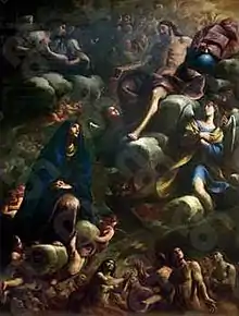 Our Lady Interceding for the Souls in Purgatory, by Andrea Vaccaro. Top-right: Christ granting; Middle-left: Mary interceding; Bottom-right: purged souls capable of focus on Christ; Bottom-left: indistinct souls undergoing non-fiery purgation.