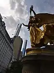 The goddess Nike on the Sherman Monument reaching toward Central Park South, August 2020