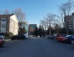 Apartment complex in Woodburn; the back of Inova Fairfax Hospital can be seen in the near distance