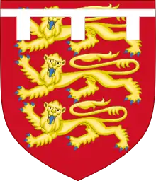 Arms of Thomas of Brotherton (1300 † 1338), Earl of Norfolk, son of Edward I Longshanks, from whom all the Dukes of Norfolk are descended.Gules, three lions passant guardant in pale or armed and langued azure a label of three points argent.