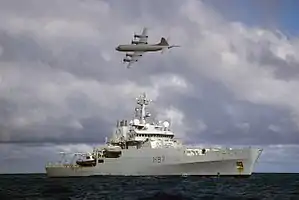 Plane flies over ship