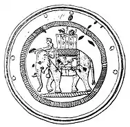 Bactrian phalera with military elephant carrying a howdah fortress manned by a soldier wearing a Macedonian helmet. 2nd century BCE, Hermitage Museum.
