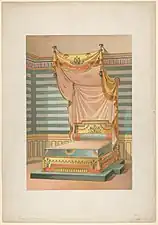 Bed from 'Nouveaux modèles de Tentures (Bibliothèque de l'Ameublement)', 1875–1885, color lithography, Metropolitan Museum of Art