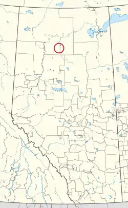 A map of the province of Alberta, showing 80 counties and 145 small Indian reserves. One is highlighted with a red circle.