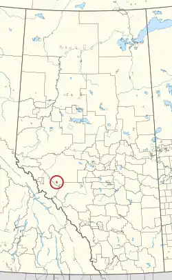 A map of the province of Alberta showing 80 counties and 145 small Indian reserves. One is highlighted with a red circle.