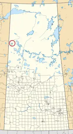 A map of the province of Saskatchewan showing 297 rural municipalities and hundreds of small Indian reserves. One is highlighted with a red circle.