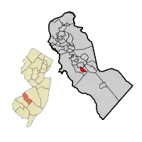 Pine Valley highlighted in Camden County. Inset: Location of Camden County highlighted in the State of New Jersey.