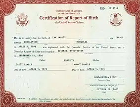 A State Department certification of report of birth, issued between 1990 and 2010