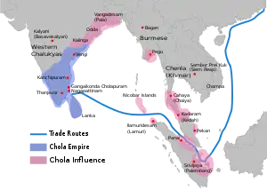 Map showing the greatest extent of the Chola empire c. 1030 under Rajendra I: territories are shown in blue, subordinates and areas of influence are shown in pink.
