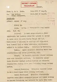 A single-paged official document on paper that appears old. Text is written with an old-style manual typewriter. The words "Secret Cipher Telegram" are prominently stamped atop the page.