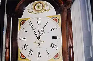 Close-up Photo of the Face of the Astronomical Case Clock containing its creator's label “Thos Voight Philadelphia” (Photo furnished by the Thomas Jefferson Foundation with permission for use in this article)