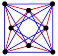 3{3}3, or , with 8 vertices in black, and 8 3-edges colored in 2 sets of 3-edges in red and blue