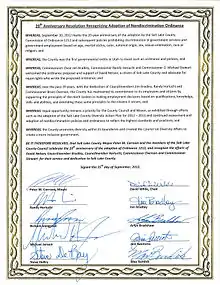 Salt Lake County joint Commemorative Resolution signed by mayor and nine council members