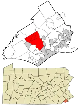Location in Delaware County and the state of Pennsylvania.