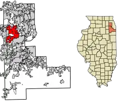 Location of Naperville in Will and DuPage counties in Illinois