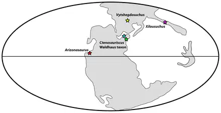 Paleogeography of the Early Triassic with archosaur fossil finds
