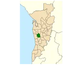Map of Adelaide, South Australia with electoral district of West Torrens highlighted