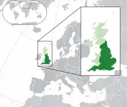 Location of England (dark green)– in Europe (green & dark grey)– in the United Kingdom (green)