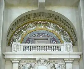 Beaux Arts mosaic of bucrania and festoons on the Grand Palais, Paris, by Charles Girault, 1897-1900