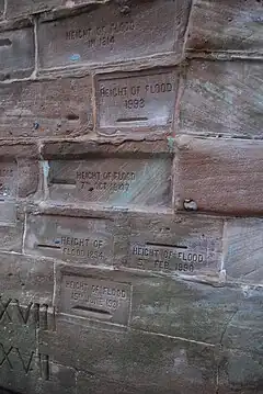 Flood water levels of the Tay etched into the bridge's brickwork