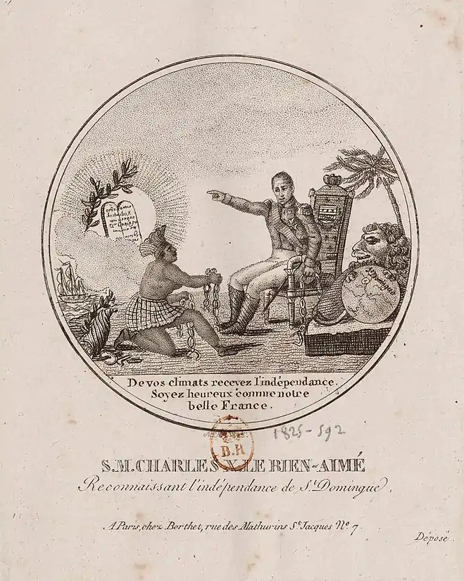 Engraving titledː  "His Majesty, Charles X, The Beloved, recognizing   the Independence of Saint-Domingue