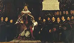 King Henry VIII in full royal regalia surrounded by a kneeling group of men who are all wearing black clothing and some with matching close-fitting caps