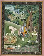 Indian, Rama, Lakshmana, and Sita Cooking and Eating in the Wilderness (c. 1820), gouache & gold on paper, 21.6 × 16.5&nbsp;cm.