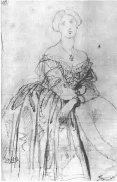 de Broglie seated, with arms crossed over her lap