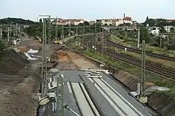 Leipzig-Dresden freight yard looking east prior to the pivoting the mainline tracks, 3&nbsp;August 2014