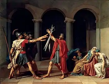 Oath of the Horatii; by Jacques-Louis David; 1784; oil on canvas; height: 330 cm, width: 425 cm
