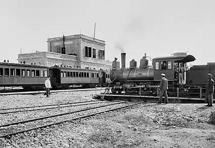 Image 8The Jerusalem Railway Station c. 1900. The locomotive on the turntable is "Ramleh" (J&J No. 3), a Baldwin 2-6-0. The station was the terminus of the Jaffa–Jerusalem railway until its closure in 1998. Today, the station is abandoned and suffering from neglect and vandalism, although it is one of 110 buildings selected for preservation in Jerusalem.