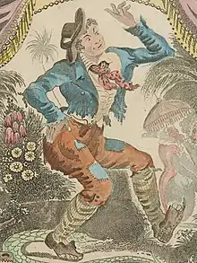  A man in blackface costumed in eccentric, formal clothes with patches, dances making exaggerated motions with one hand on hip.