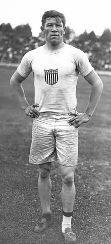 Image 31American athlete Jim Thorpe lost his Olympic medals, having taken expense money for playing baseball, violating Olympic amateurism rules, before the 1912 Games. (from Track and field)