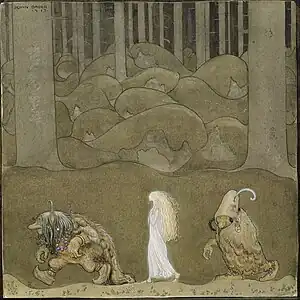 Image 1The Princess and the TrollsIllustration: John BauerThe Princess and the Trolls, by John Bauer (1882–1918), was painted as an illustration for "The Changeling", a short story by Helena Nyblom. A watercolour held by the Nationalmuseum in Stockholm, it was first published in the 1913 edition of the anthology Among Gnomes and Trolls. It shows the princess Bianca Maria between two trolls in a forest. Bauer's illustrations of fairy tales and children's stories made him a household name in his native Sweden, and shaped perceptions of many fairy tale characters.More selected pictures