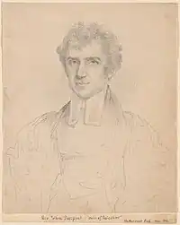 Simple portrait in pencil on cream colored paper of a young white man in minister's clothing. Caption at the bottom reads "Rev. John Pierpont: "Airs of Palestine."
