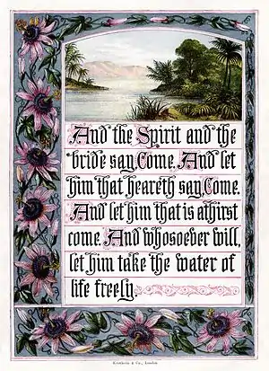 Image 20Revelation 22:17 at Book of Revelation, by Joseph Martin Kronheim (edited by Adam Cuerden) (from Wikipedia:Featured pictures/Culture, entertainment, and lifestyle/Religion and mythology)