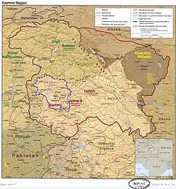 Baramulla lies in the Kashmir division (neon blue) of the Indian-administered Jammu and Kashmir (shaded tan) in the disputed Kashmir region.