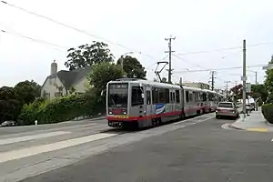 An outbound train at Ulloa Street and Forest Side Avenue, 2017