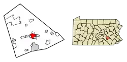 Location of Lebanon in Lebanon County, Pennsylvania (left) and of Lebanon County in Pennsylvania (right)