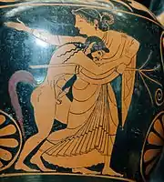 Detail of a red-figure amphora depicting a satyr assaulting a maenad, by Pamphaios (potter) and Oltos (painter), c. 520 BC, Louvre