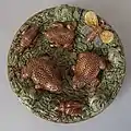 Coloured glazes palissy majolica toads and pond life wall plate c.1890.