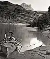 Major John Wesley Powell's boat with famous armchair.Apollo Temple in the distance. circa 1869