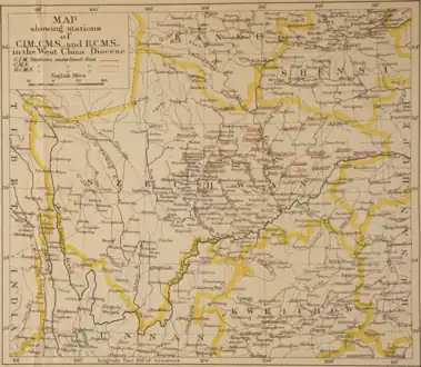 Map of Szechwan showing Anglican mission stations of China Inland Mission (CIM), Church Missionary Society (CMS) and Bible Churchmen's Missionary Society (BCMS)