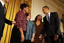 Barack Obama greets Judy Shepard, Louvon Harris, and Betty Byrd Boatner