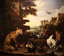 Fox with Dead Rooster and Poultry (1678), oil on canvas, 148 x 170&nbsp;cm., Netherlands Art Collection