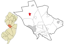Location of Pennington in Mercer County highlighted in red (right). Inset map: Location of Mercer County in New Jersey highlighted in orange (left).