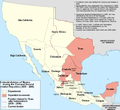 A map of Mexico, showing state and territory divisions as of 1835. Texas, Coahila, Nuevo León, Tamaulipas, Zacatecas and the Yucatán are shaded, marking them as having separatist movements.