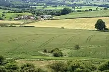 A green field with a depression in the centre right; a result of mining subsidence