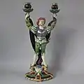 Candelabra, 16.9 ins., coloured glazes majolica, 1864, Revivalist in style.