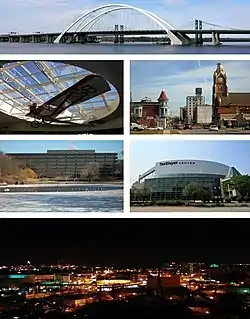 Clockwise from top: Interstate 74 Bridge, Downtown Moline, Vibrant Arena at The MARK, the city at night, John Deere World Headquarters, a Velie Monocoupe in Quad City International Airport